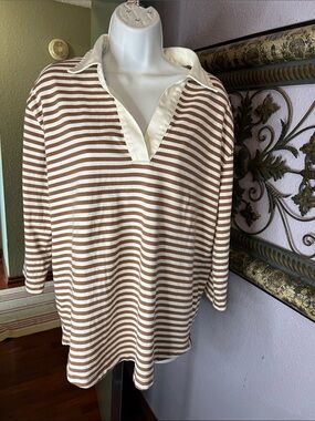 Lands' End Tan and White Striped V- Neck  Cotton Top Sz L -Blokecore